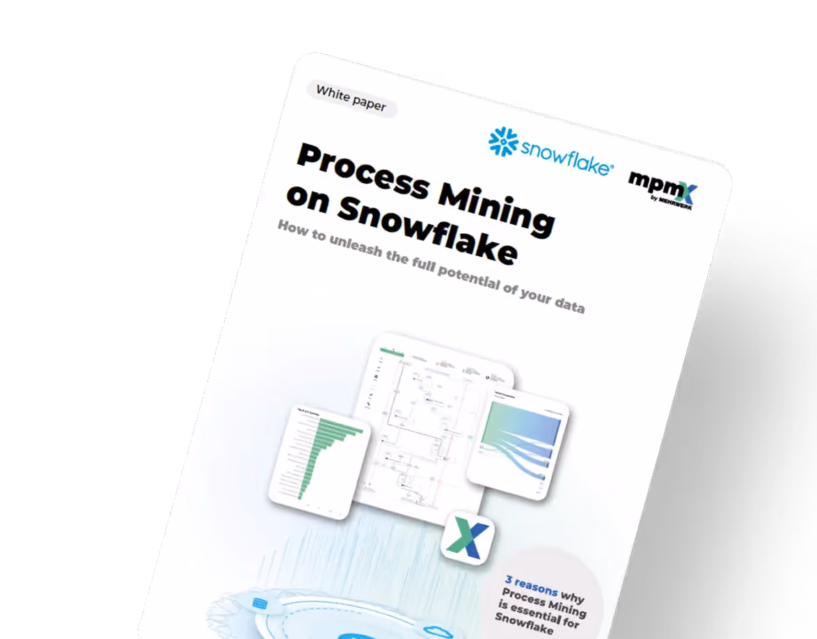 Whitepaper mit dem Titel „Process Mining on Snowflake“ mit Diagrammen zu Datenanalyse-Visualisierungen.