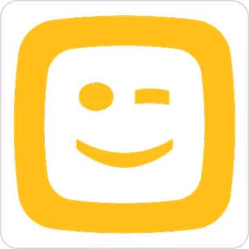 Gelbes Quadrat mit abgerundeten Ecken und einem stilisierten zwinkernden Smiley vor weißem Hintergrund.