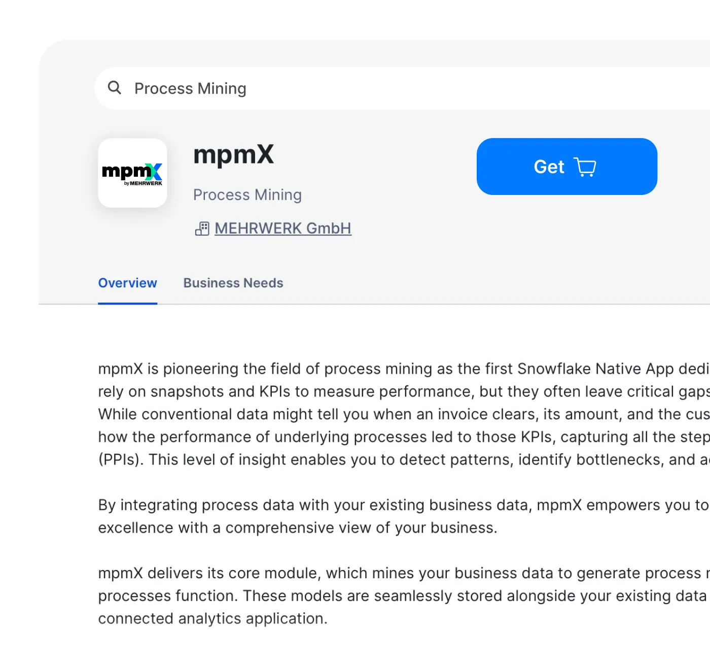 App-Store-Seite mit der mpmX Process-Mining-App von MEHRWERK GmbH und einem blauen „Get“-Button.