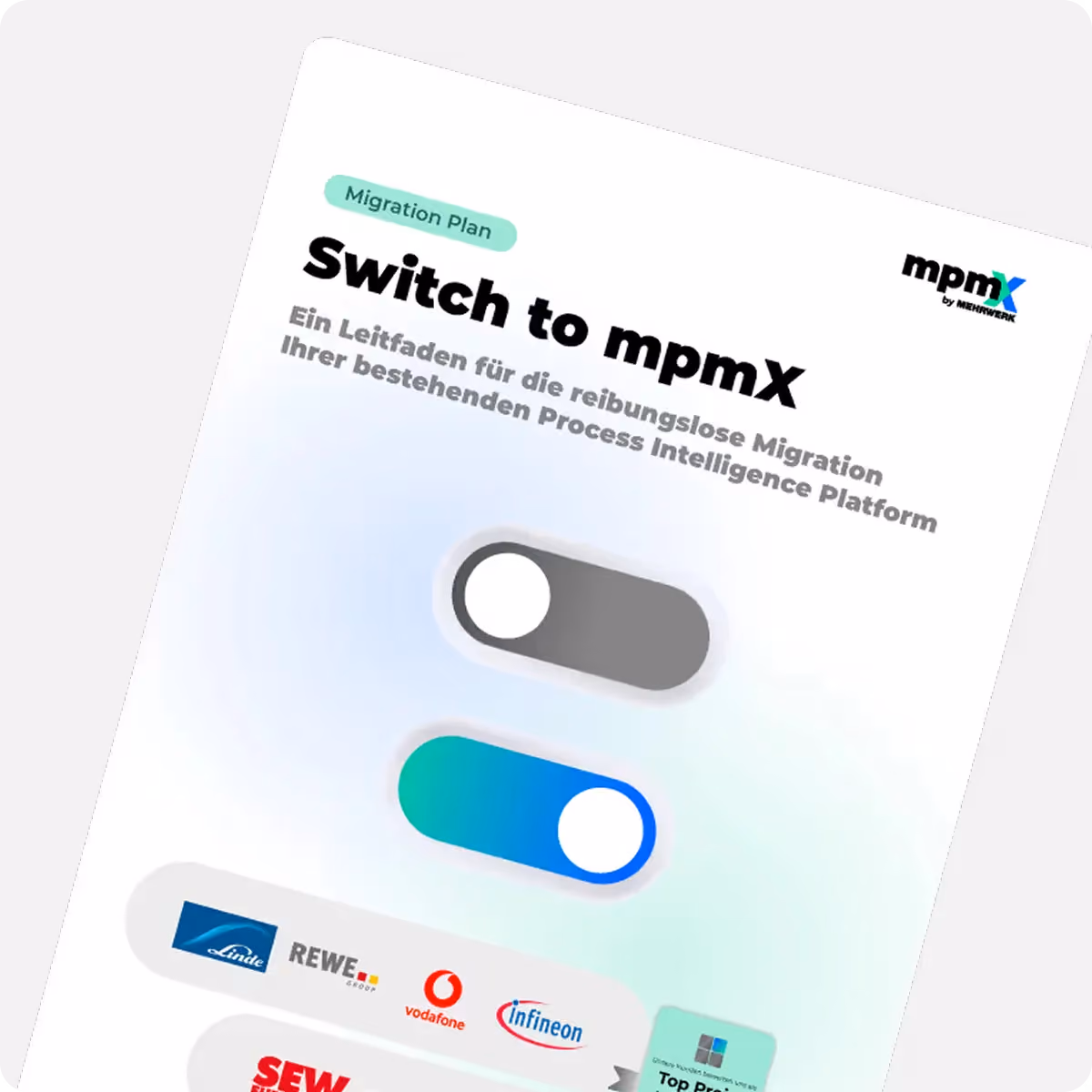 Switch to mpmX guide cover with toggle icons and logos of Linde, REWE, Vodafone, Infineon, and SEW.
