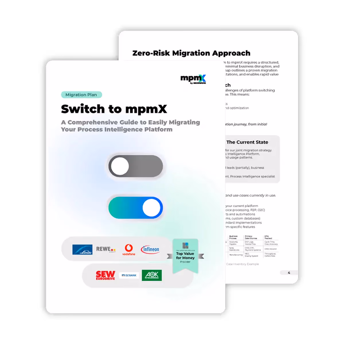 Cover of Switch to mpmX guide with toggle icons and logos of companies like Vodafone and Infineon.