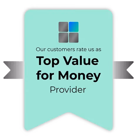 Badge with text: Our customers rate us as Top Value for Money Provider with a four-square logo.