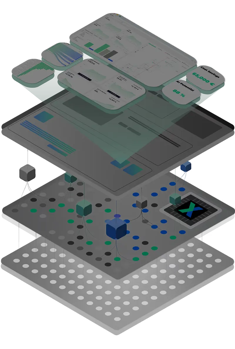3D layered illustration of data processing with charts, blocks, and nodes connected by lines.