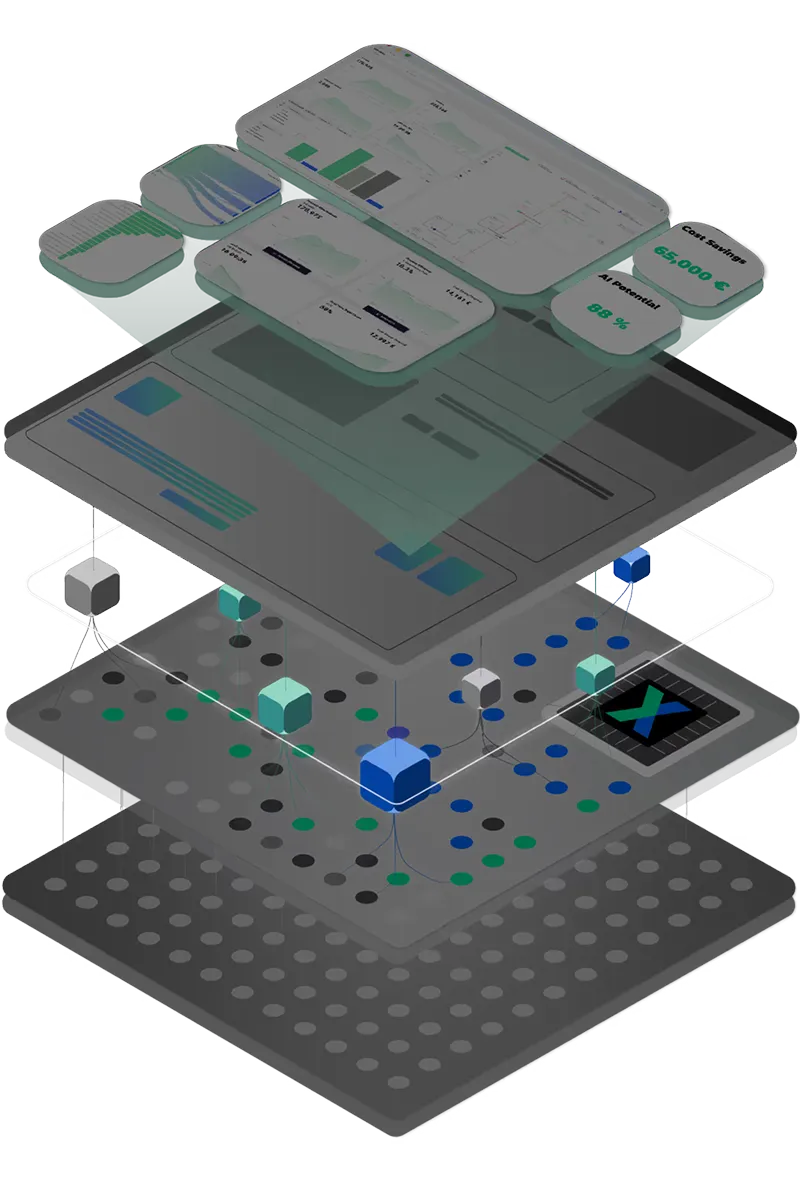 3D layered diagram of a data platform with charts, graphs, and interconnected cubes over a dark grid base.