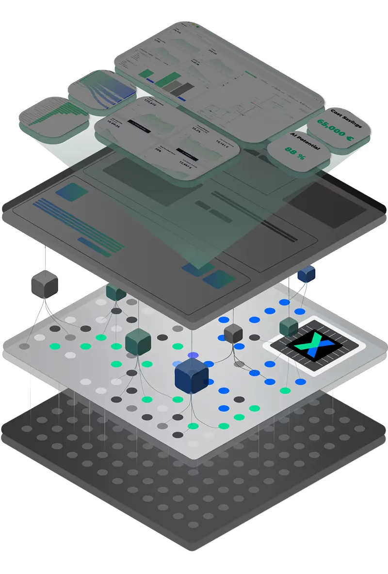 Layered 3D illustration showing data flow through connected blocks and multiple dashboard screens with charts.