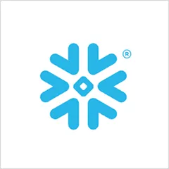 Blue symmetrical abstract snowflake icon on white background.