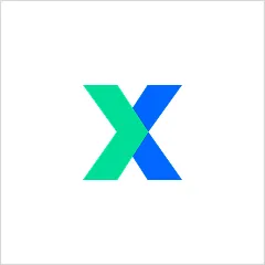 Stylized letter X logo with left half turquoise and right half blue on white background.