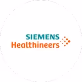 Siemens-Healthineers-Logo mit türkisfarbenem und orangem Schriftzug und Punkten rechts daneben.