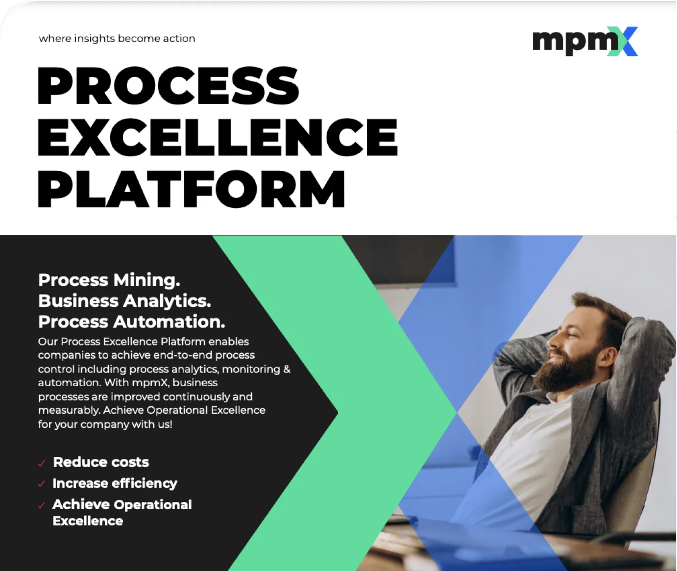 Entspannter Mann mit Bart lehnt sich im Bürostuhl zurück, dazu Text über die Vorteile einer Process-Excellence-Plattform.