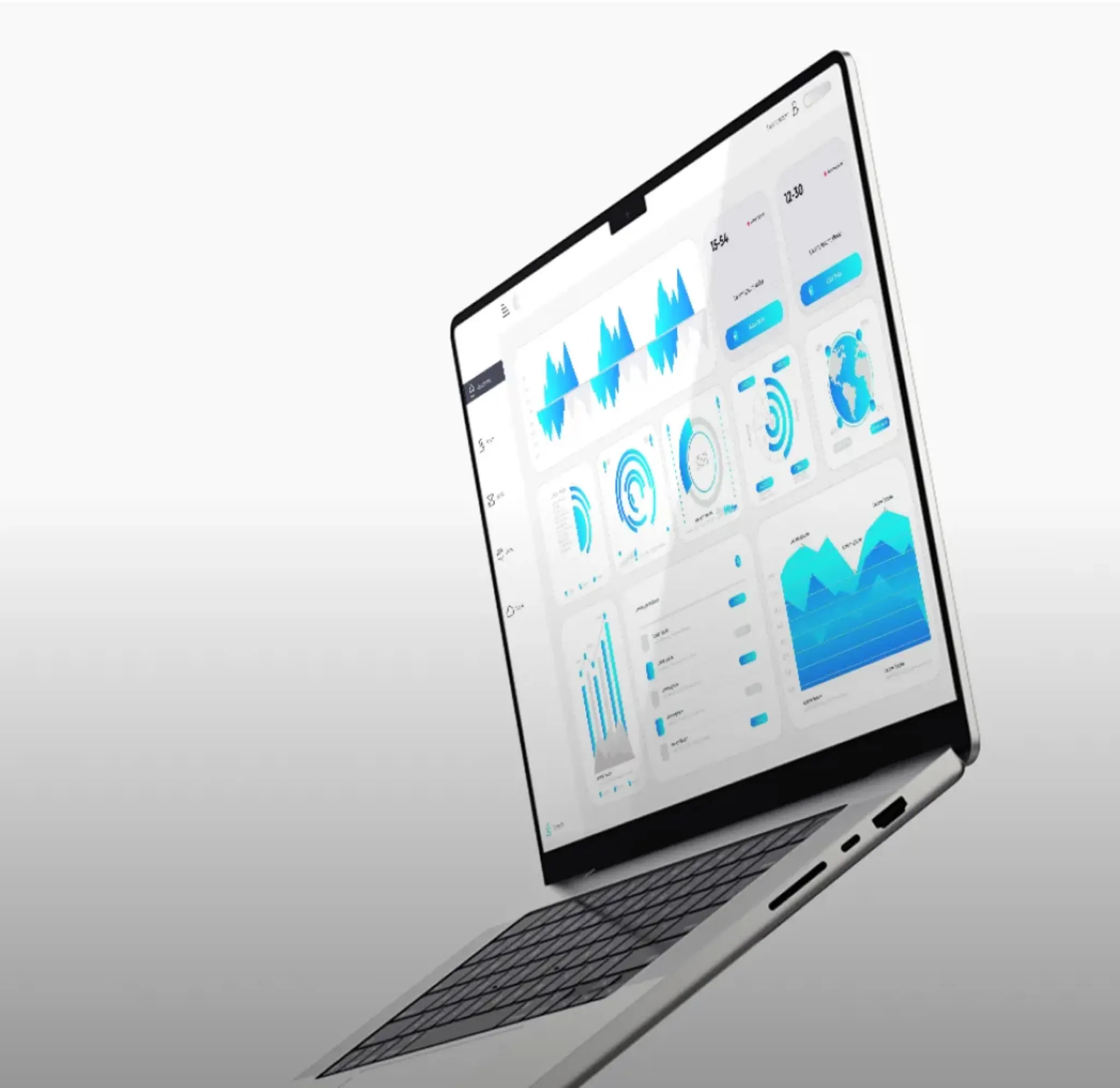 Moderner Laptop zeigt blaue Datenanalysen und Grafiken auf dem Bildschirm vor weißem Hintergrund.