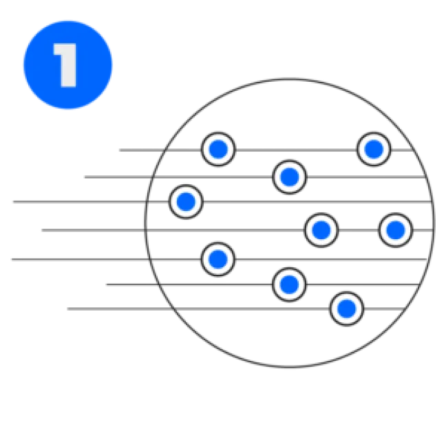 Blaue Zahl 1 im Kreis; schwarzer Kreis mit verstreuten blauen Punkten, verbunden durch schwarze Linien.