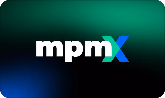 The logo text 'mpmX' with 'mpm' in white and 'X' in green and blue on a dark gradient background.
