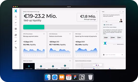 Dashboard mit Liquiditäts- und Einsparungskennzahlen, Chat-Funktion und Finanzgrafiken.