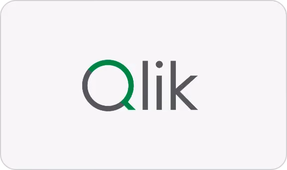 Qlik company logo with gray and green stylized Q and gray letters lik on white background.