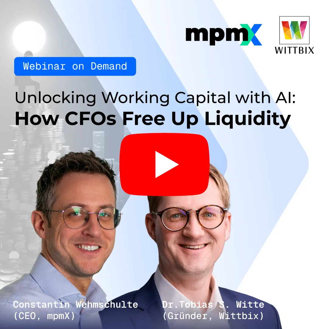 Webinar titled Unlocking Working Capital with AI featuring two men, Constantin Wehmschulte and Dr. Tobias S. Witte.