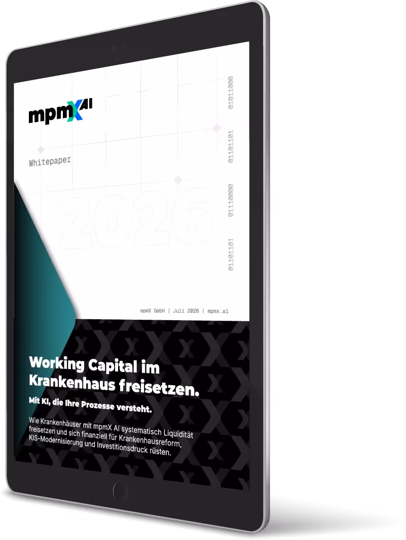 Tablet zeigt das Deckblatt eines Whitepapers darüber, wie Krankenhäuser mit KI Working Capital freisetzen.