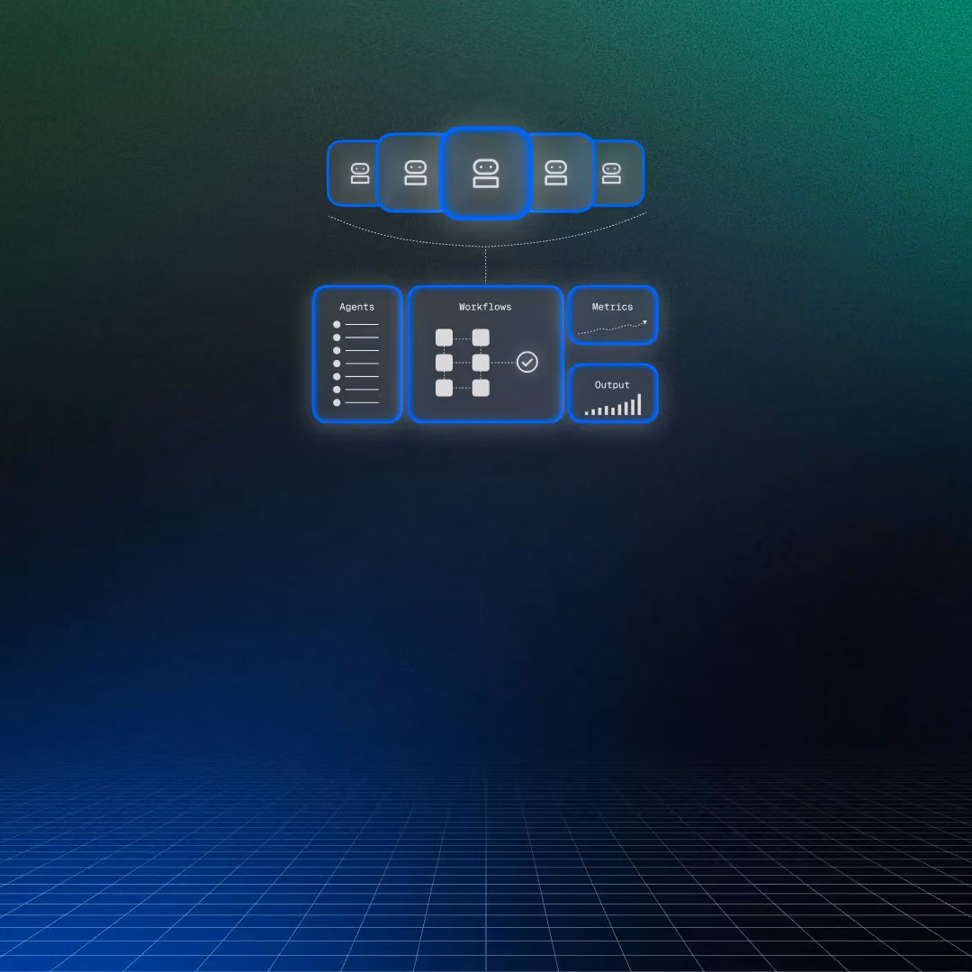Diagram showing connected agents, workflows, metrics, and output on a gradient background with grid floor.