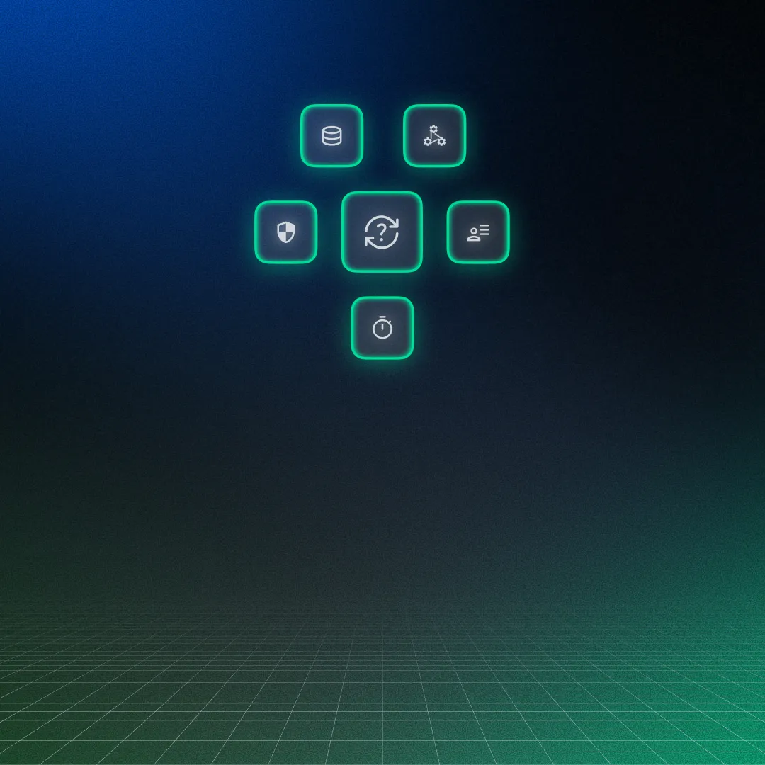Six glowing green neon tech icons arranged in a cross on a dark grid background.