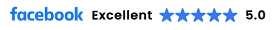 Facebook logo followed by the text Excellent with five blue stars and rating 5.0.