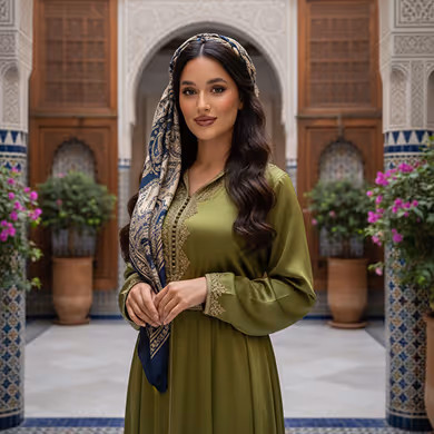 Woman wearing an olive green traditional dress and patterned headscarf standing in an ornate courtyard with tiled walls and potted plants.