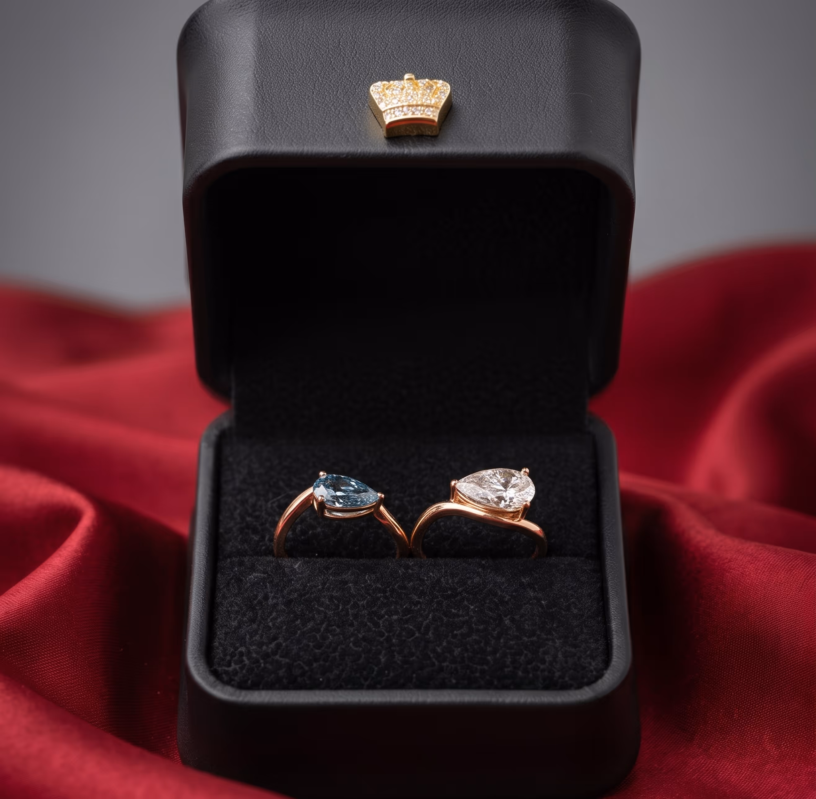 Two rose gold rings with pear-shaped gemstones, one blue and one clear, in an open black ring box with a gold crown emblem on top, against a red fabric background.