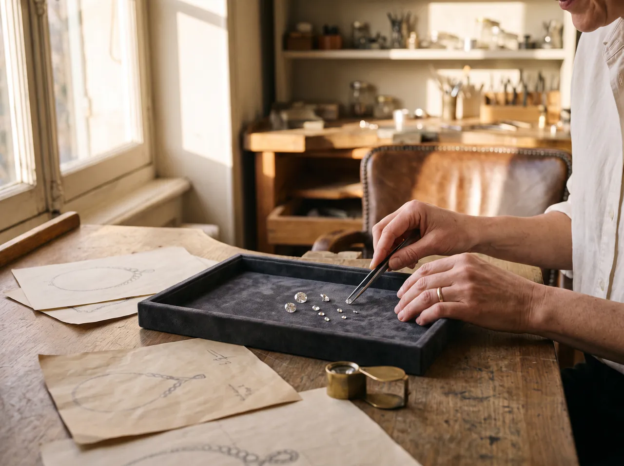 A private consultation at the Reine atelier - loose diamonds on a velvet tray, one held with tweezers, beside a loupe and hand-drawn jewelry sketches
