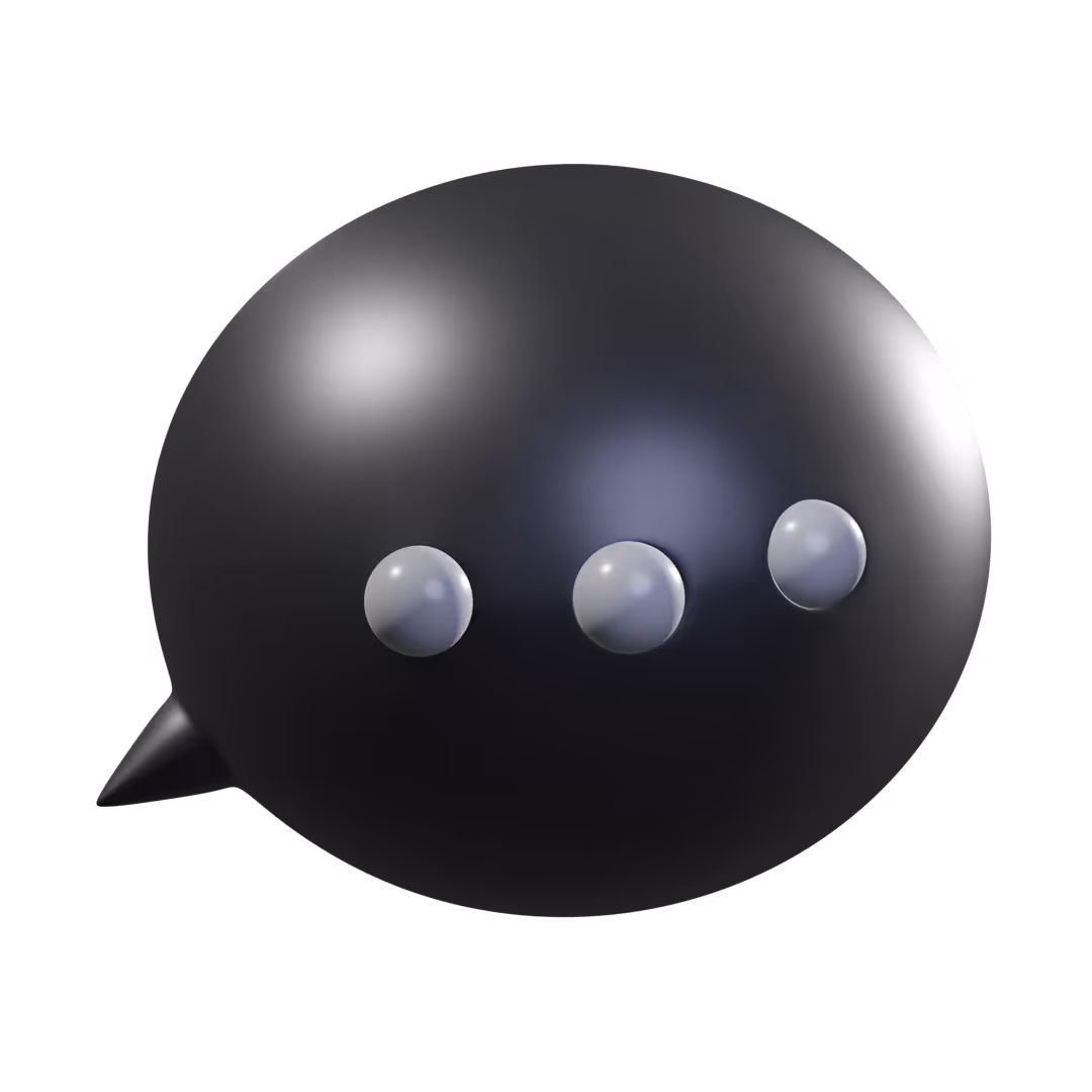 Glossy black speech bubble with three evenly spaced glossy white dots inside on black background.