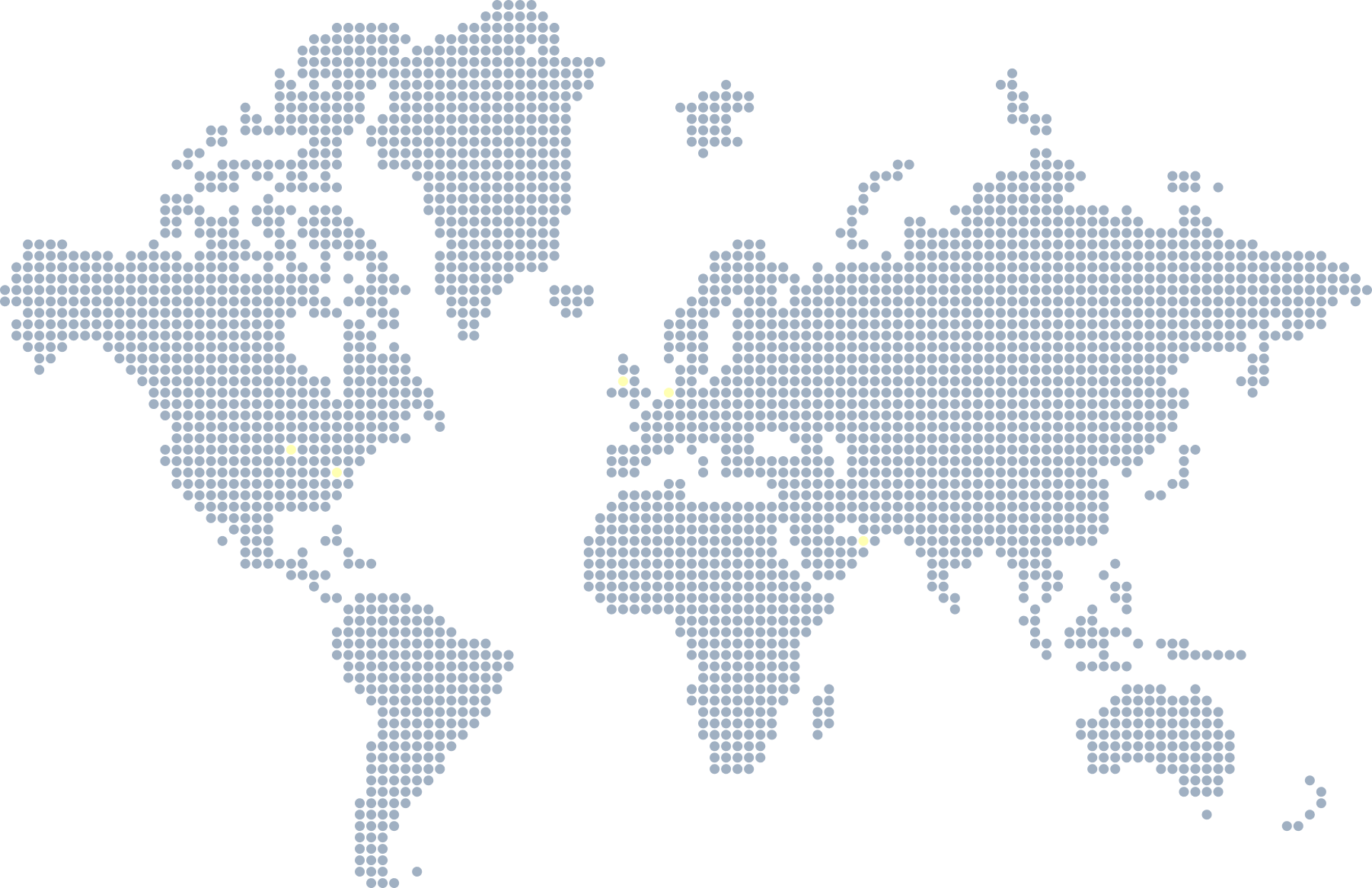 Wereldkaart samengesteld uit kleine blauwe stippen met vier gele stippen gemarkeerd in Noord-Amerika, Europa en het Midden-Oosten.