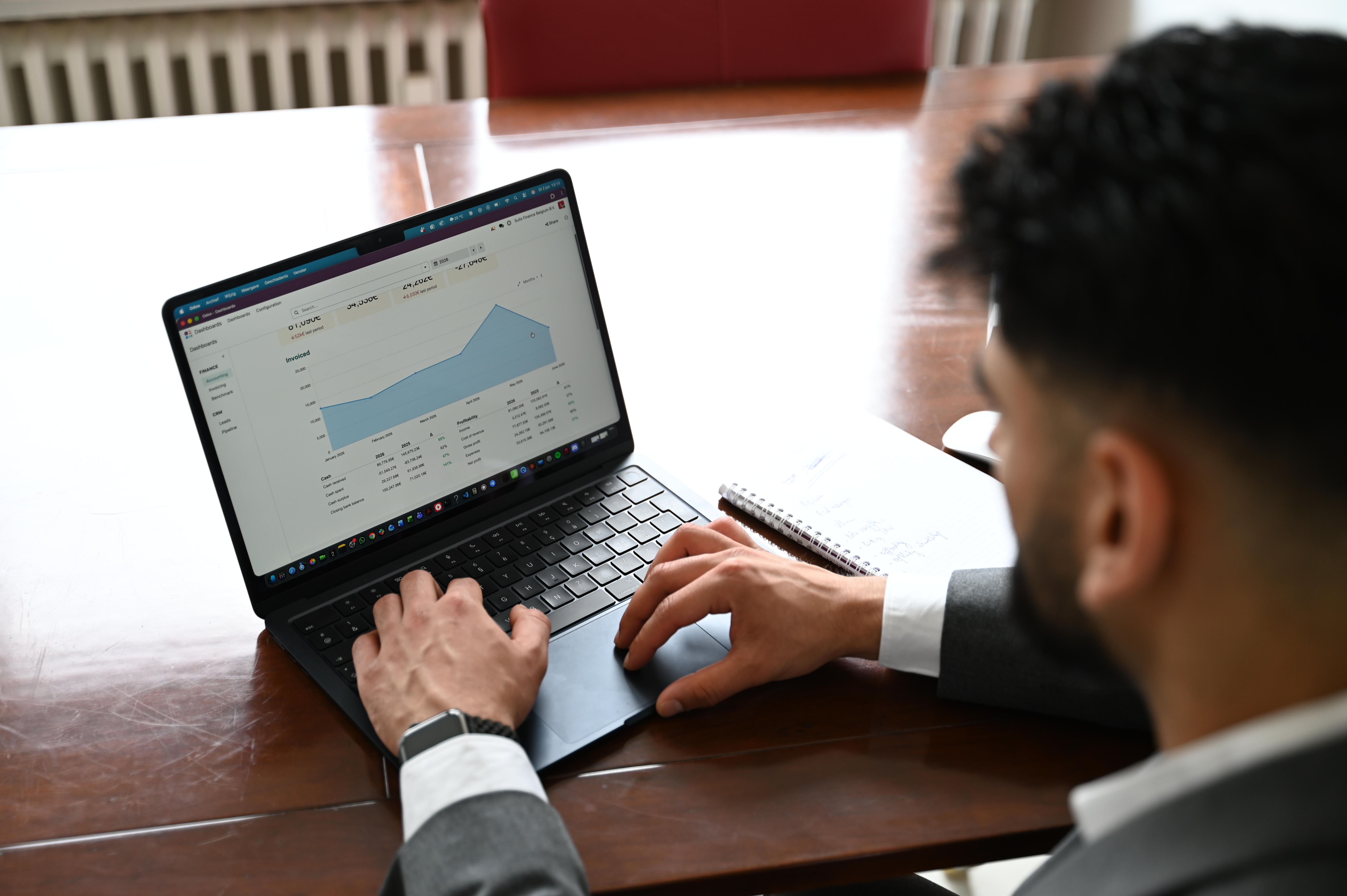 Man working on laptop with financial dashboard showing invoices and profit data on screen.