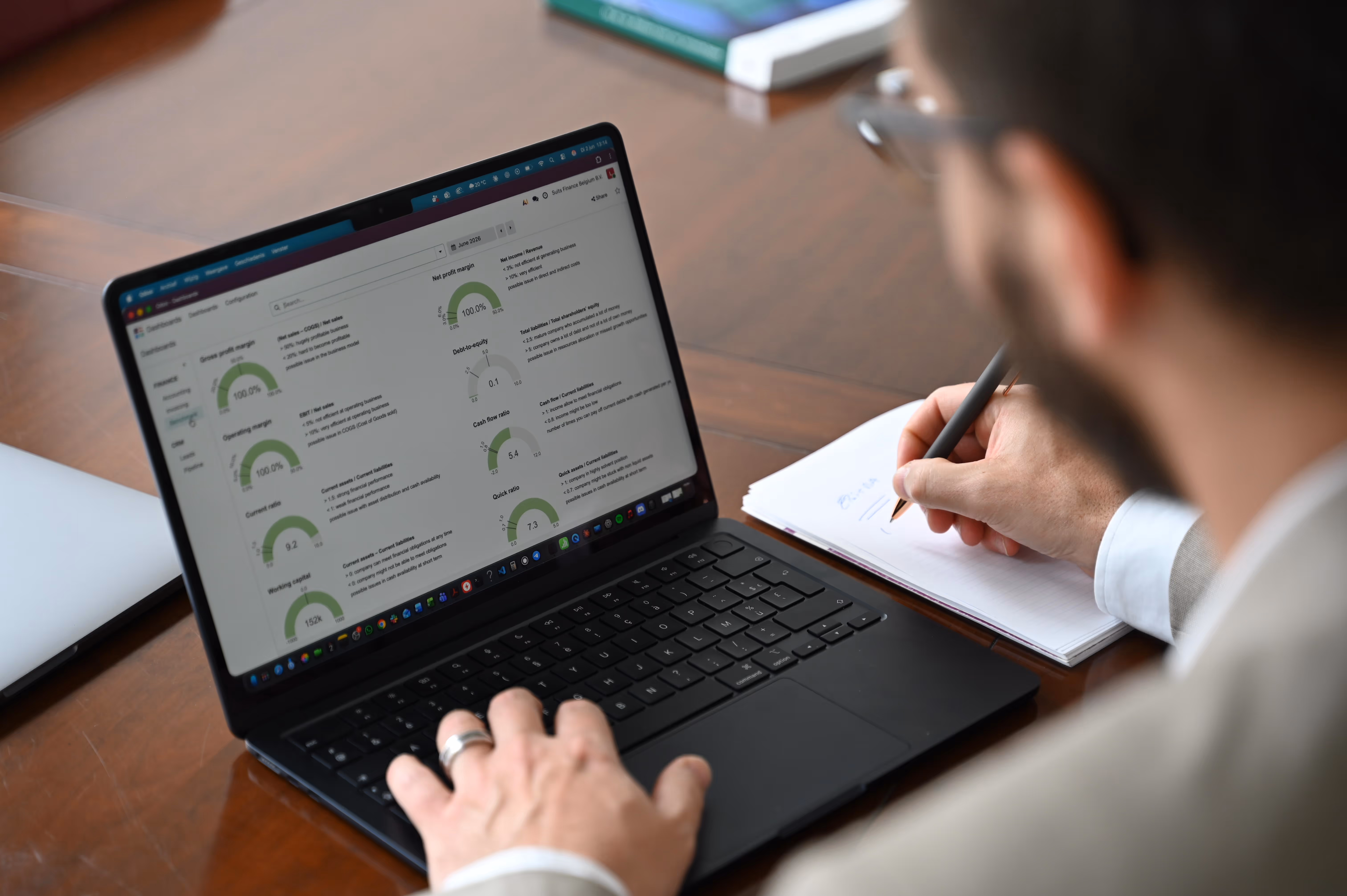 Man werkt met een laptop met financiële dashboards en schrijft aantekeningen op een notitieblok.