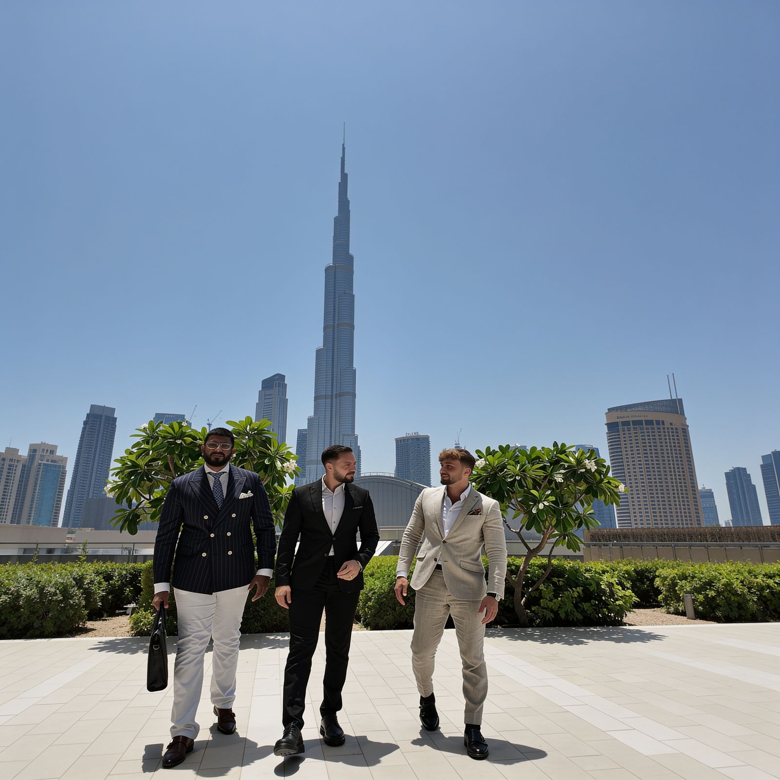 Drie mannen in pakken lopen voor de Burj Khalifa in Dubai op een zonnige dag.