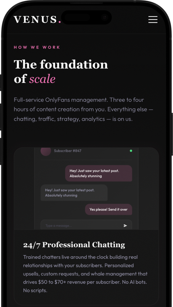 Venus Webflow website redesign – OnlyFans management agency with 34% conversion rate increase