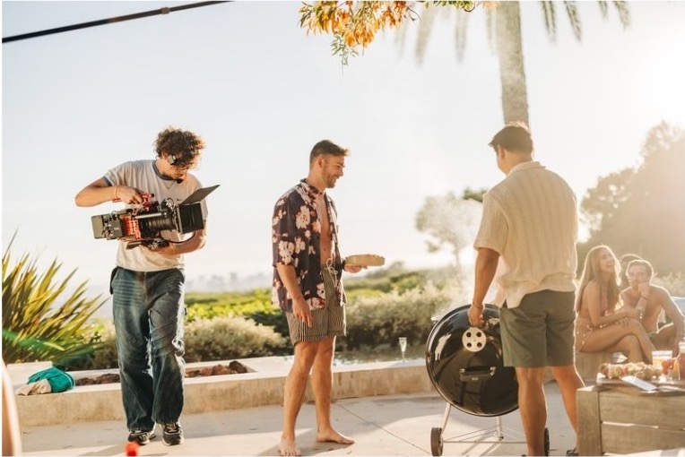 NEEBA crew filming a golden-hour barbecue scene on a Beverly Hills TV shoot
