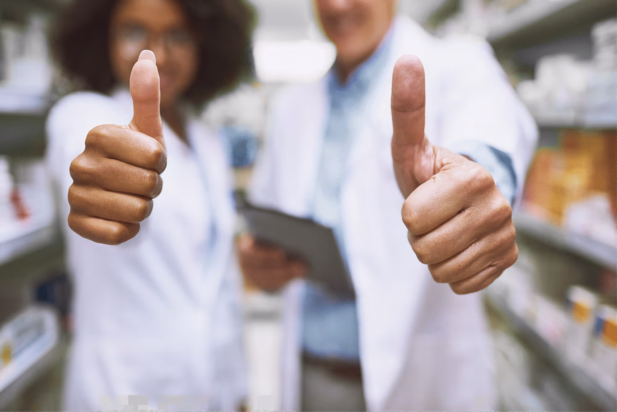 thumbs-up-chemist-people-pharmacy-healthcare-proud-helping-medicine-hands-yes-wellness-promote-gesture-inventory-antibiotics-pharmacist-together-store
