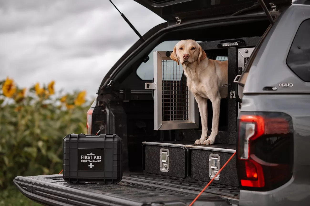 Dog & Field Field Trauma First Aid Kit on a pickup tailgate with a yellow Labrador in a dog box behind