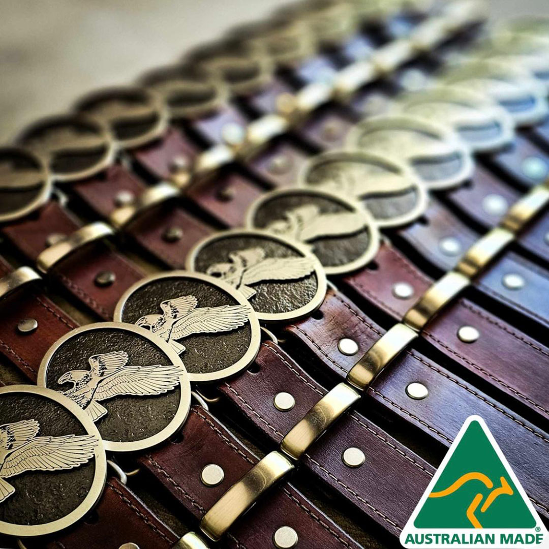 Handmade eagle belt buckles with leather belts produced in Australia for NSW Tactical Operations recognition and identity wear
