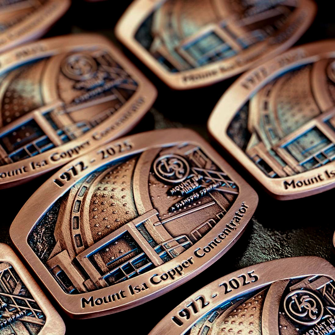 Custom antique copper plated Mount Isa Copper Concentrator recognition buckles celebrating the 1972–2025 milestone
