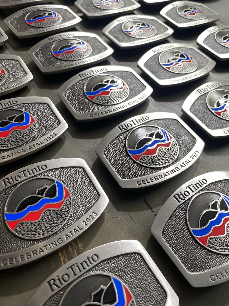 Custom pewter recognition buckles manufactured for Rio Tinto celebrating ATAL 2023
