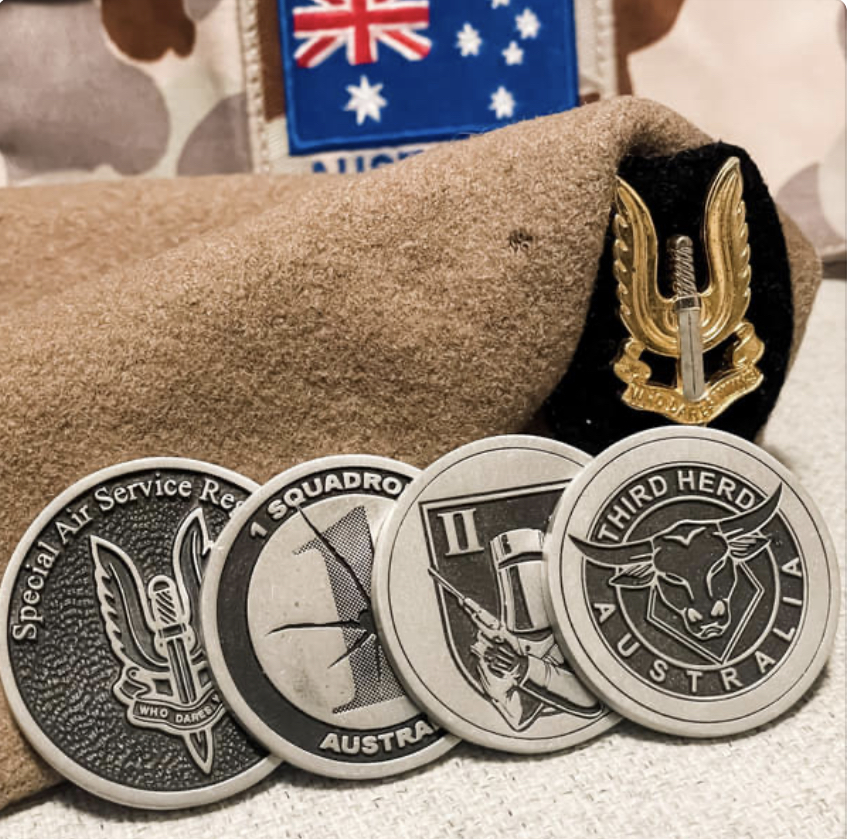 Custom military challenge coins demonstrating regiment and squadron recognition within the Australian Special Air Service Regiment.