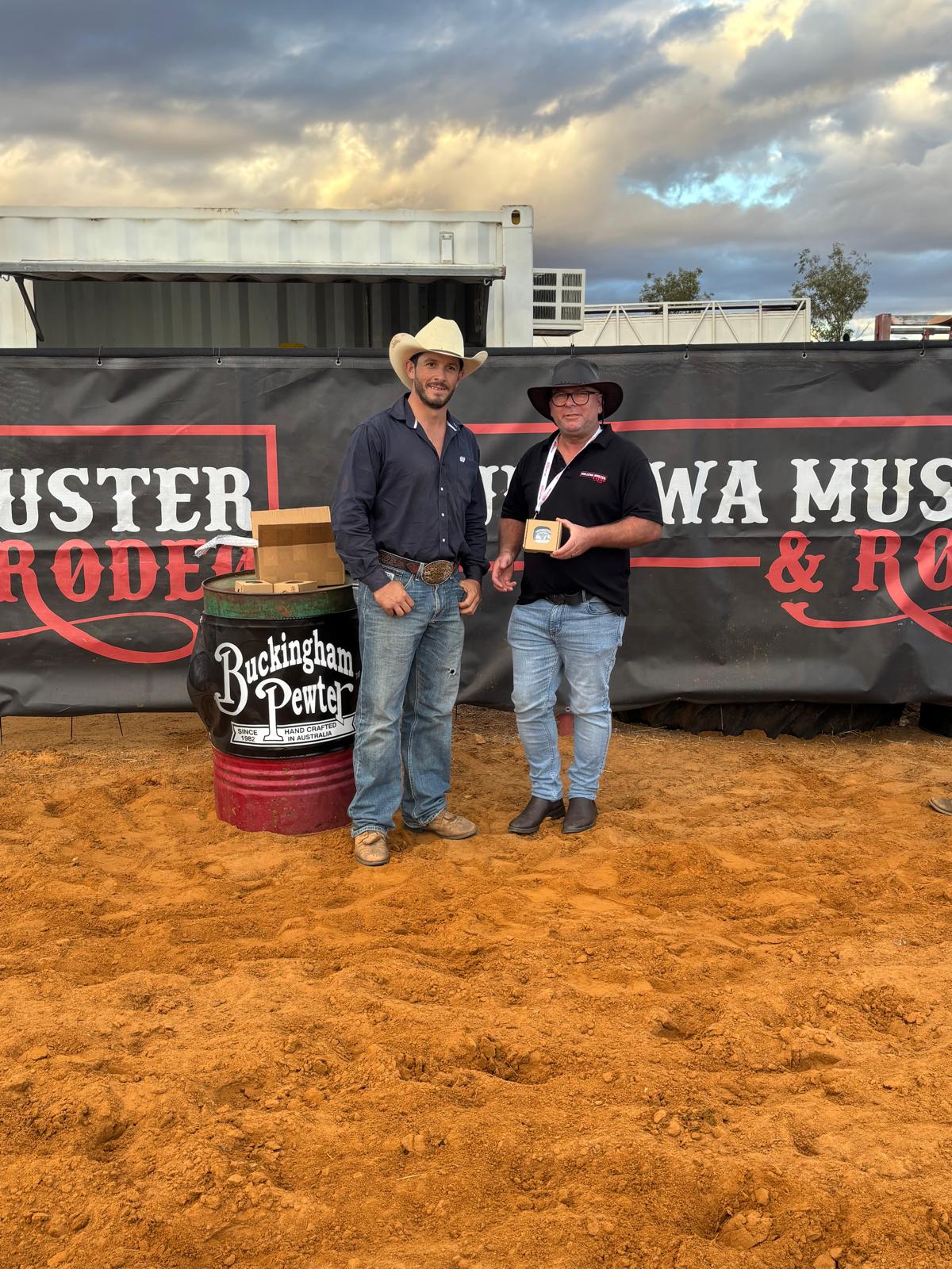 Award recipient receiving a custom buckle at the Mullewa Muster rodeo event