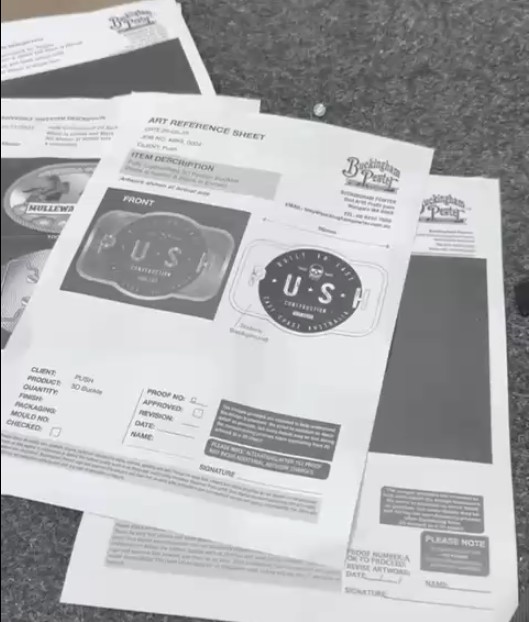 Customer artwork proofs used to review and approve a custom design before production.