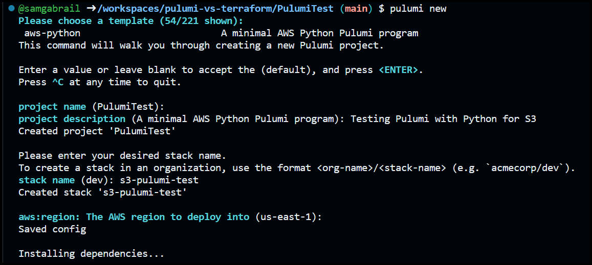 Answering a few prompts and installing dependencies