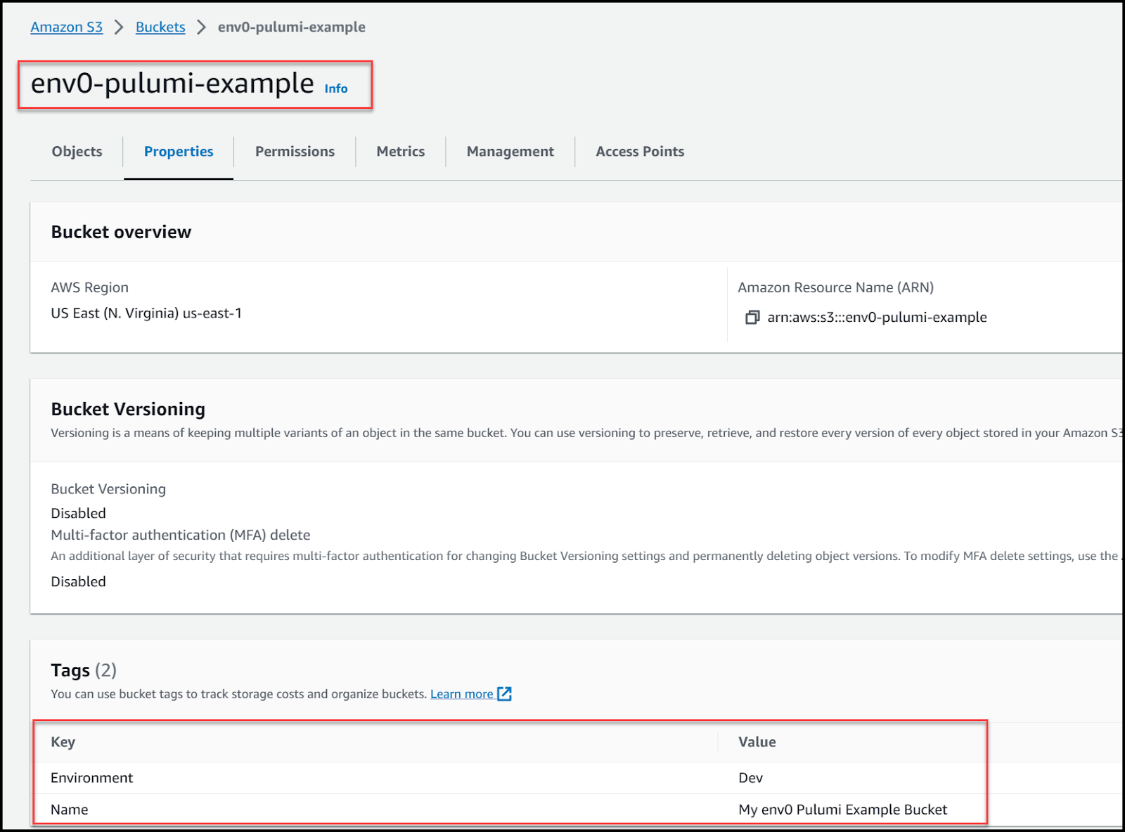 AWS Console showing the S3 bucket that Pulumi created