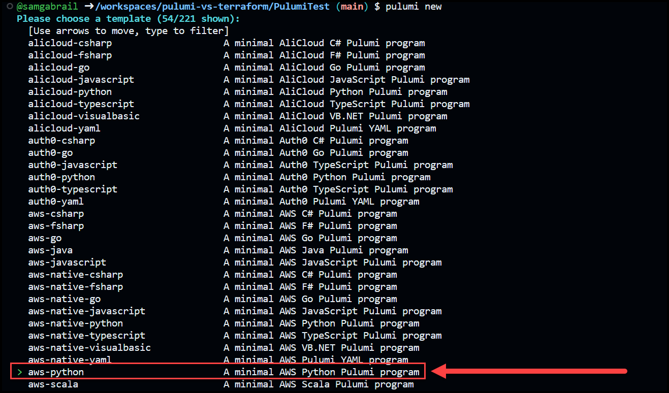 Selecting our aws-python template