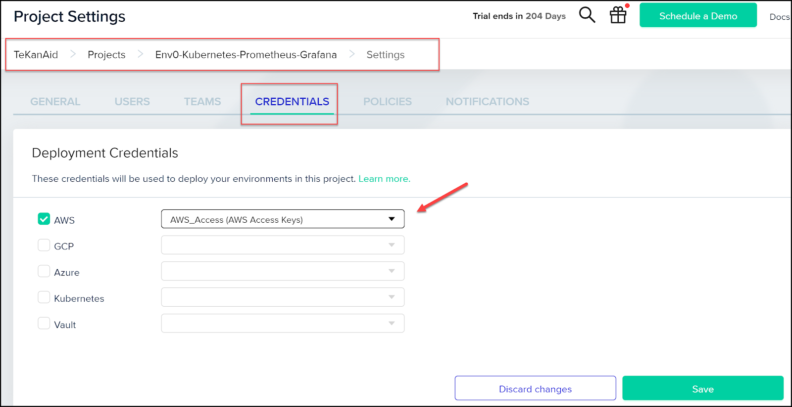 env zero dash showing user adding aws credentials