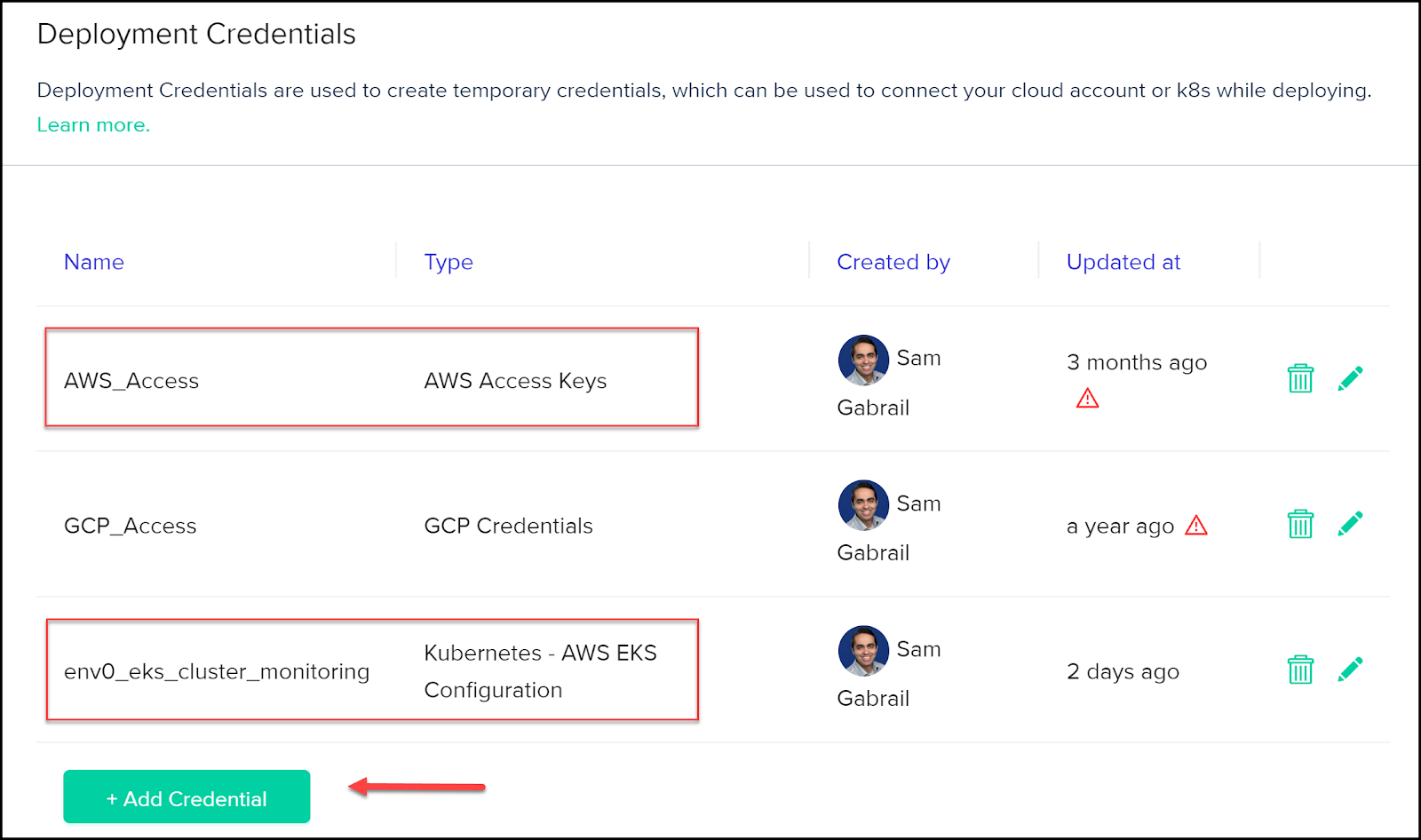 env zero dashboard showing user adding k8s credentials