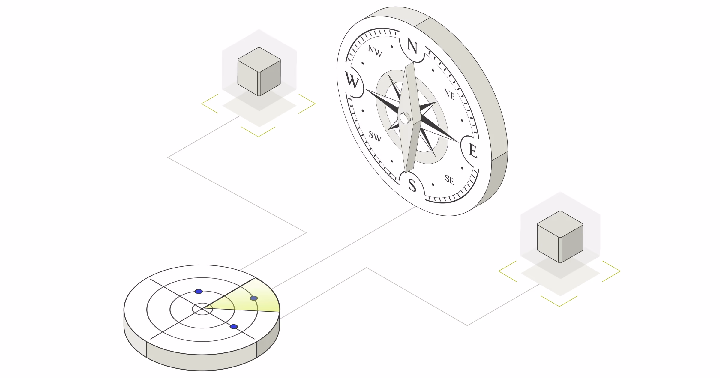 Abstract isometric art with a compass, cubes, and a radar scope