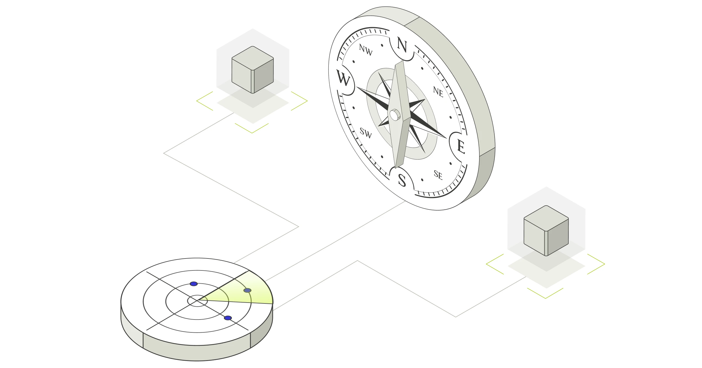 Abstract isometric art with a compass, cubes, and a radar scope