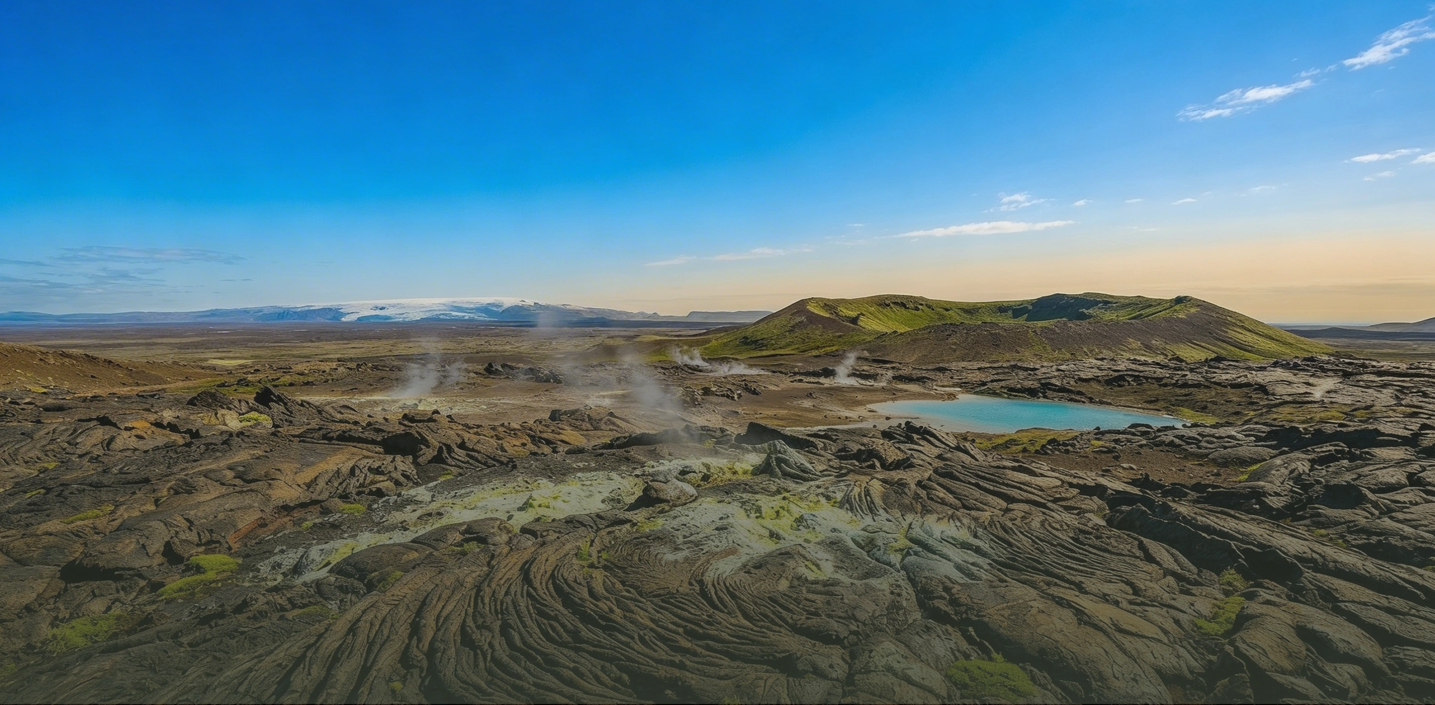 Volcanic landscape with steaming vents, black lava rocks, a bright blue geothermal pool, and a green moss-covered crater under a clear blue sky.