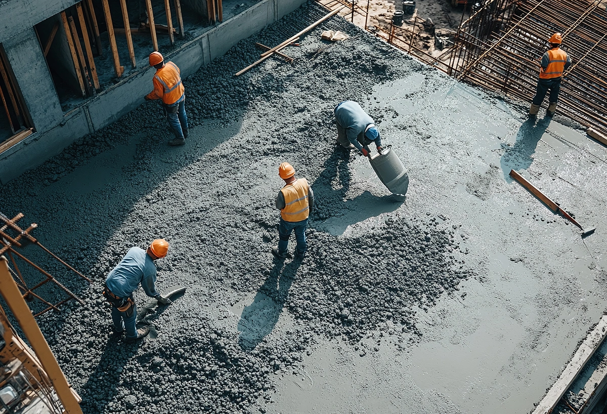 Construction workers wearing orange helmets and vests spreading and leveling wet concrete on a building foundation.